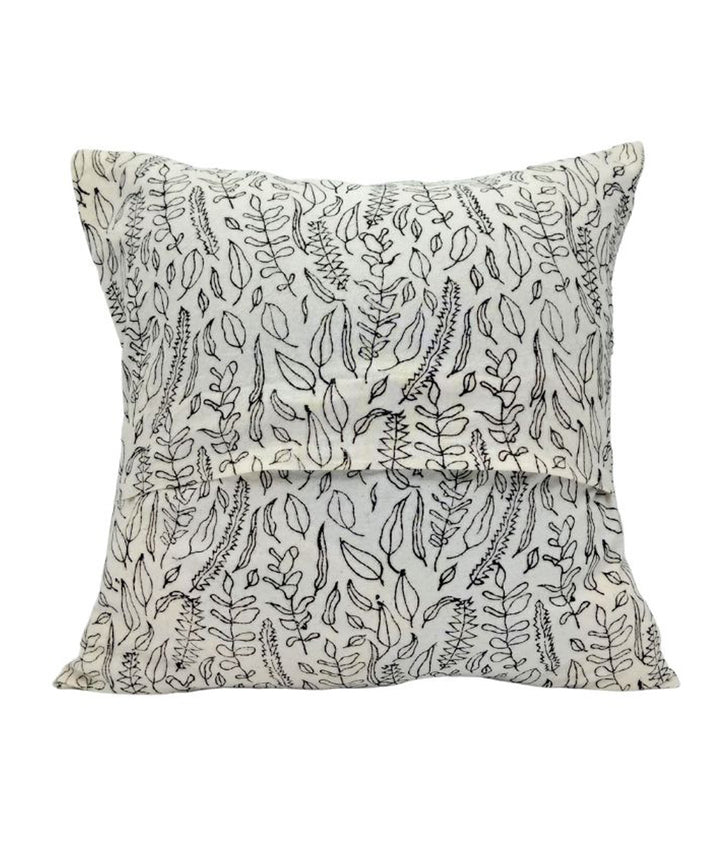 Grey white block printed small leaves cotton cushion cover