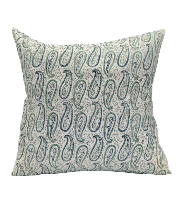 Grey white block printed small paisley cotton cushion cover