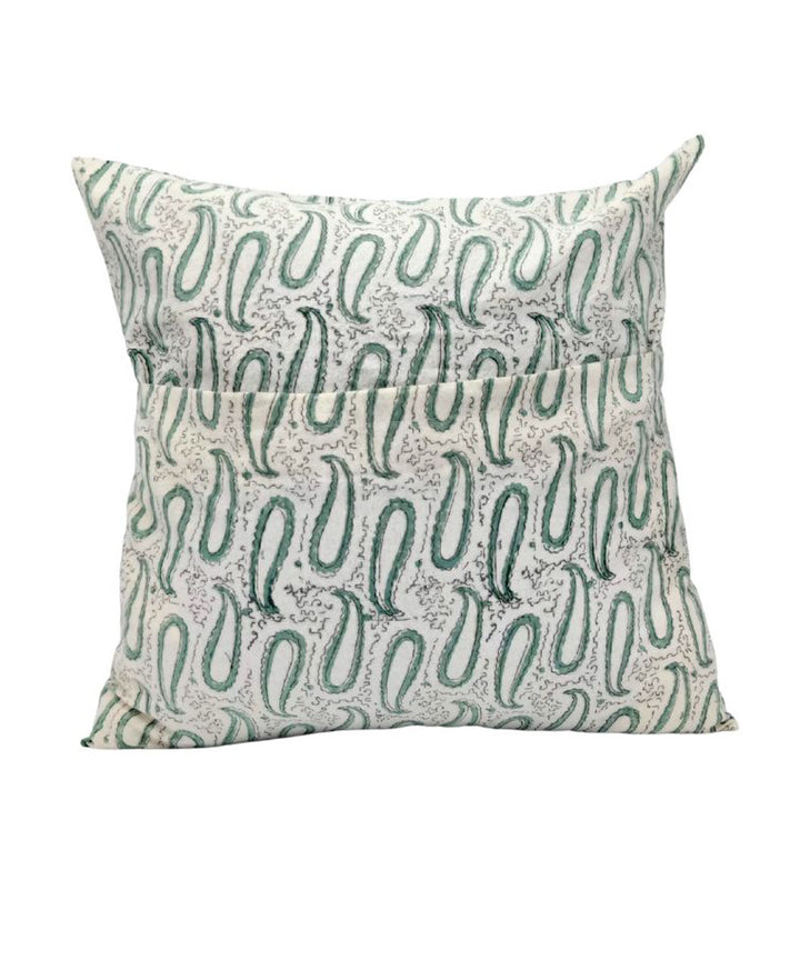 Grey white block printed small paisley cotton cushion cover