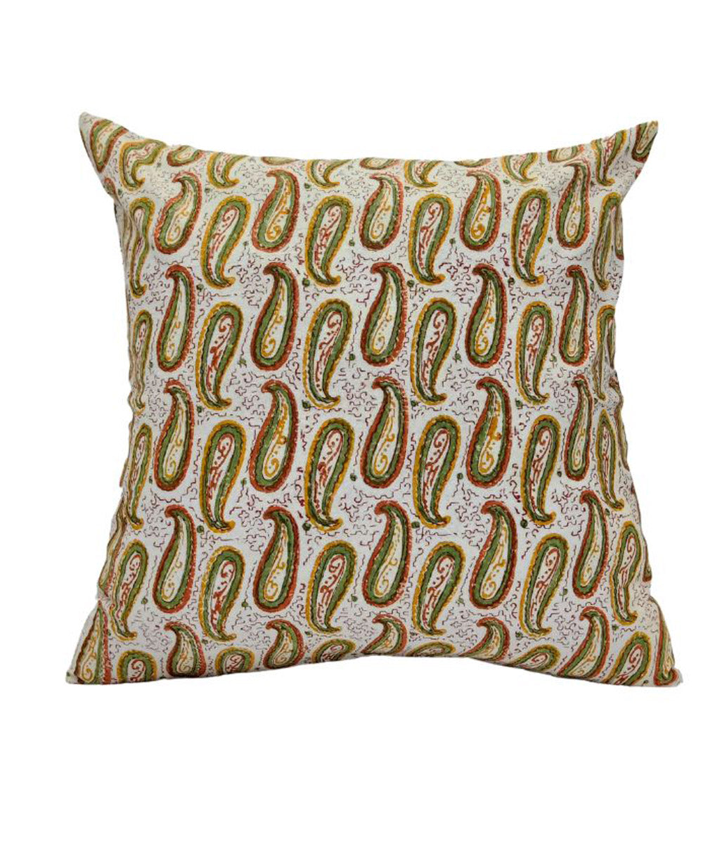 Brown block printed small paisley cotton cushion cover