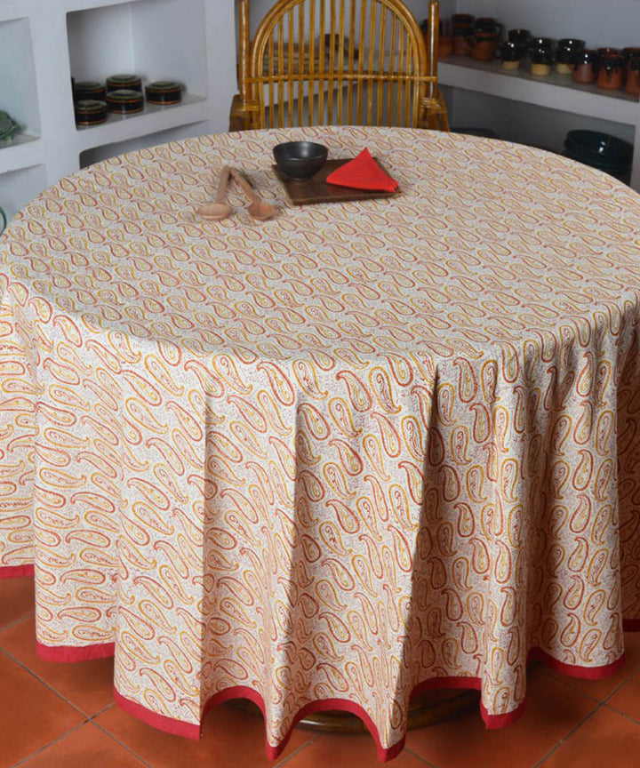 Red white hand block print cotton round table cover