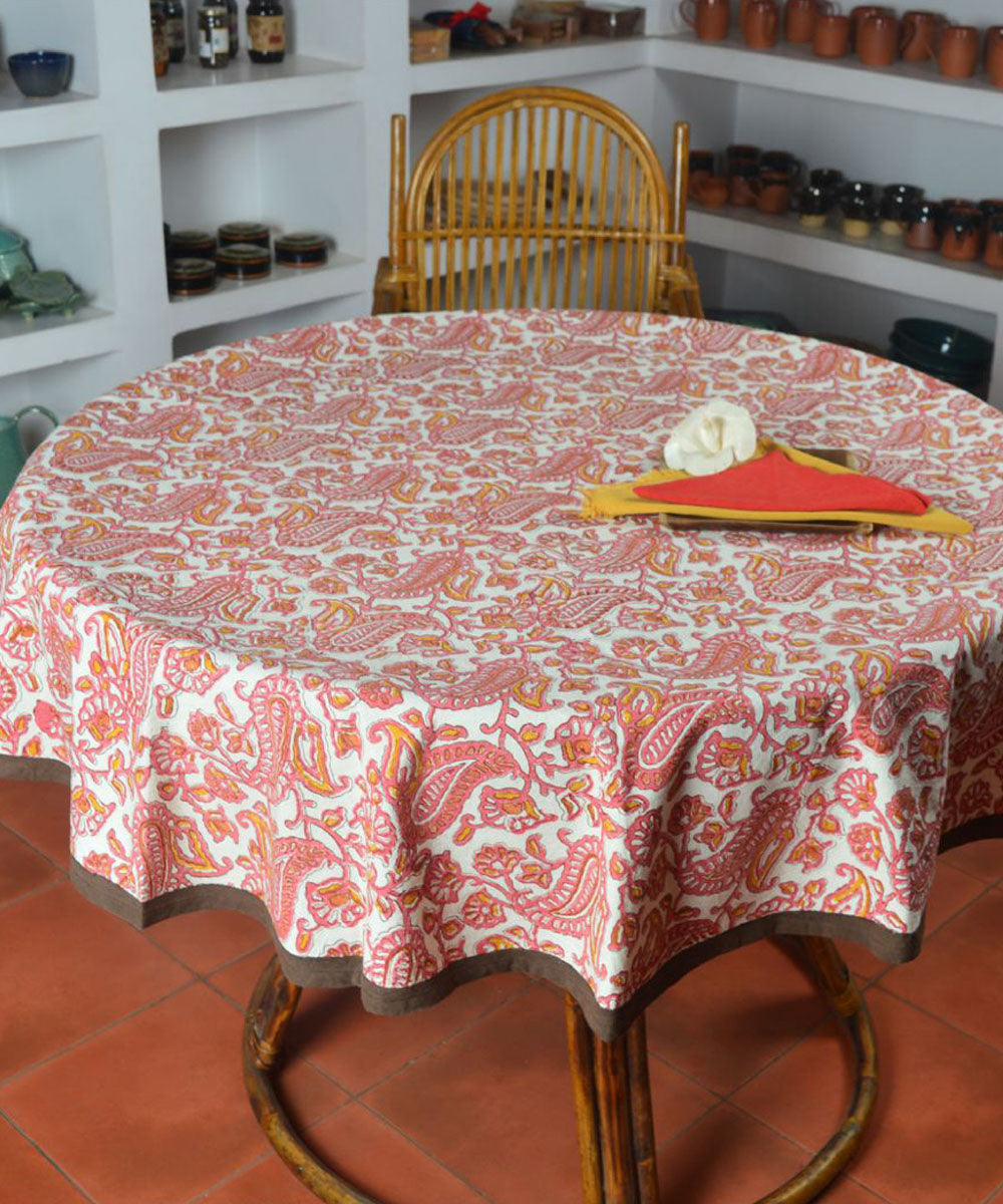 Red white hand block printed cotton round table cover