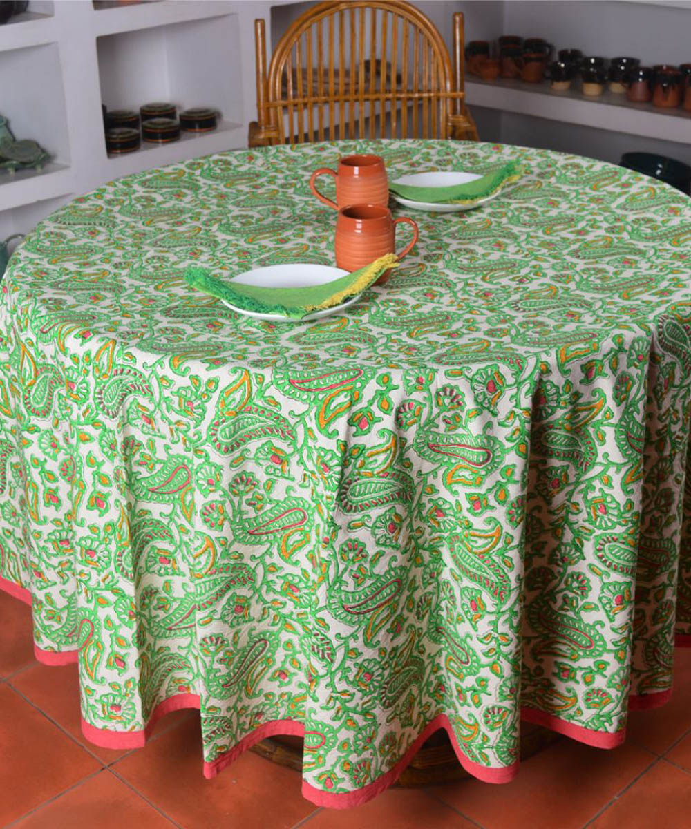 Green white hand block print cotton round table cover