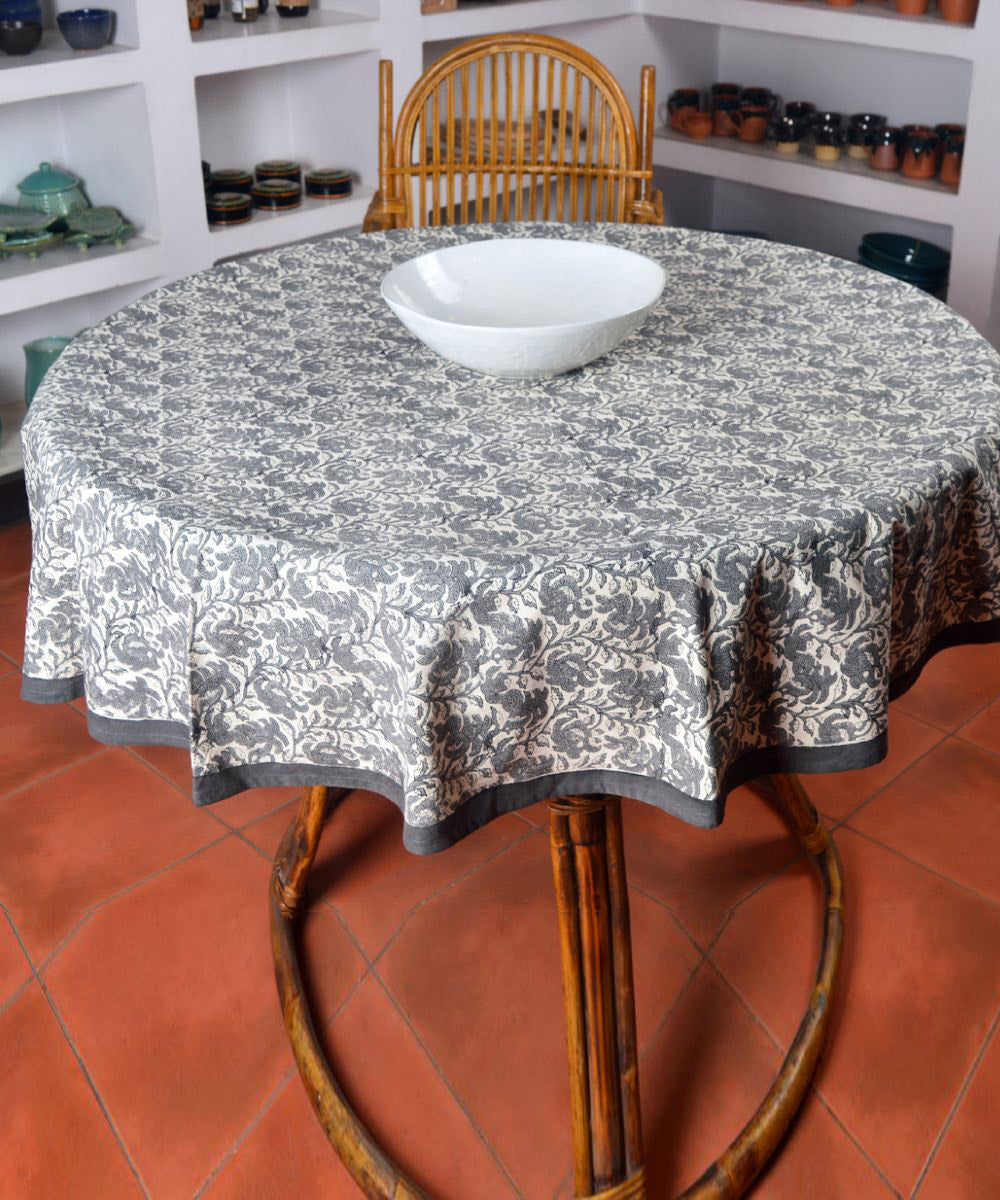 Grey white hand block print cotton round table cover