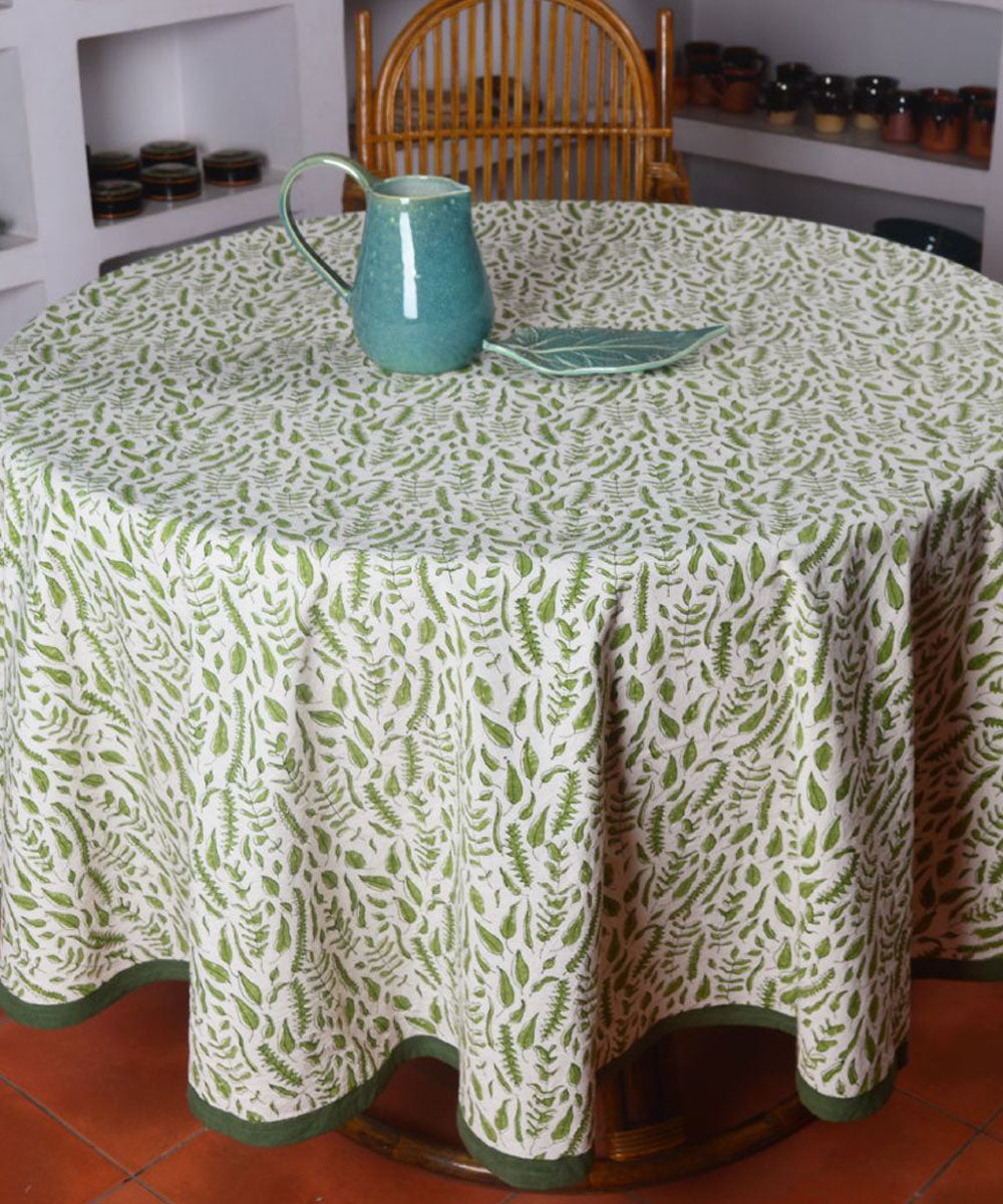 White green hand block print cotton round table cover