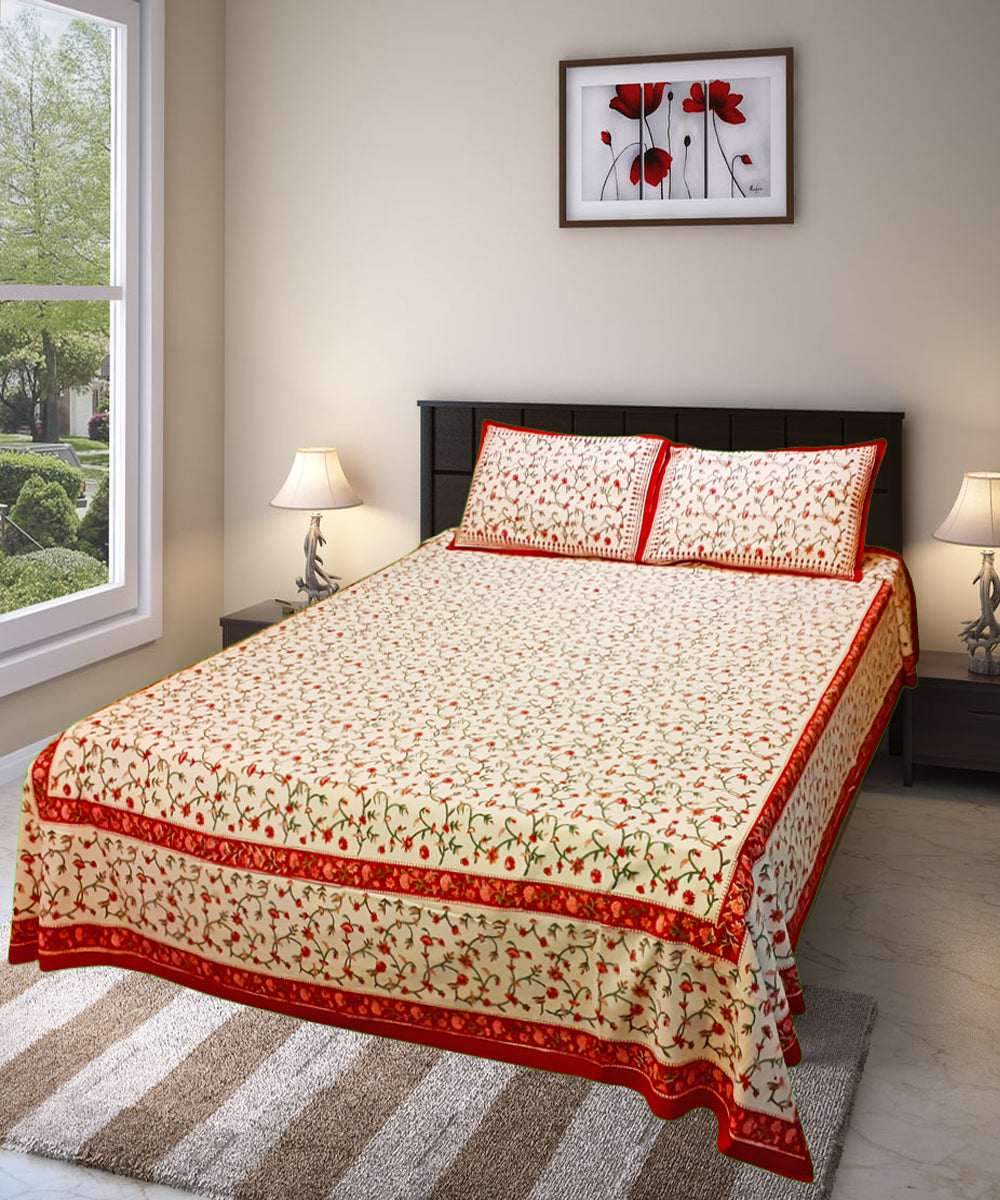 Multicolour hand block print cotton bedsheet with pillow covers