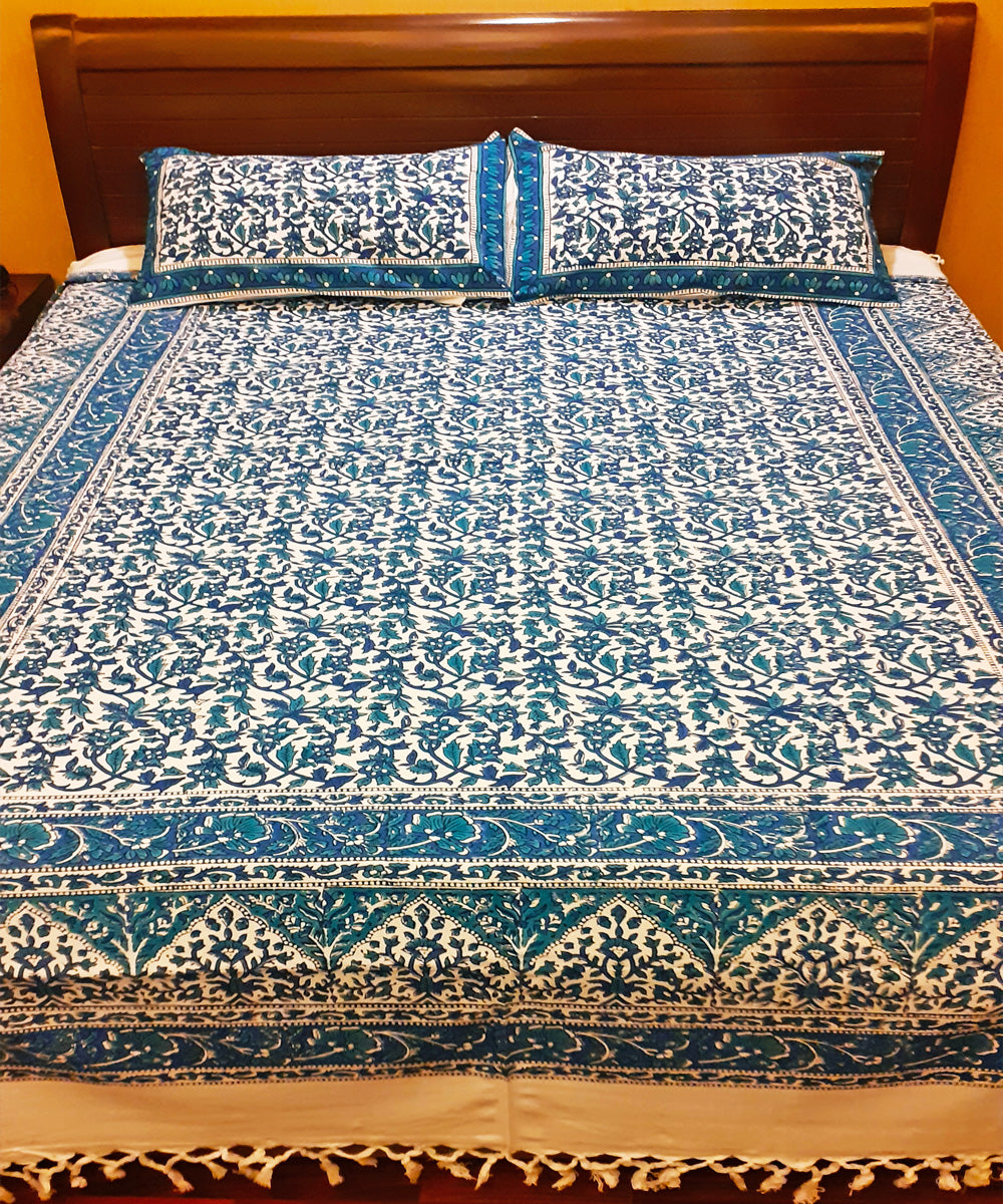 Blue hand block printed hand loom cotton bedsheet