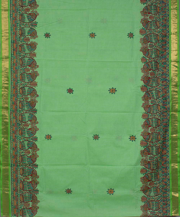 Light green handwoven madhubani painting cotton saree