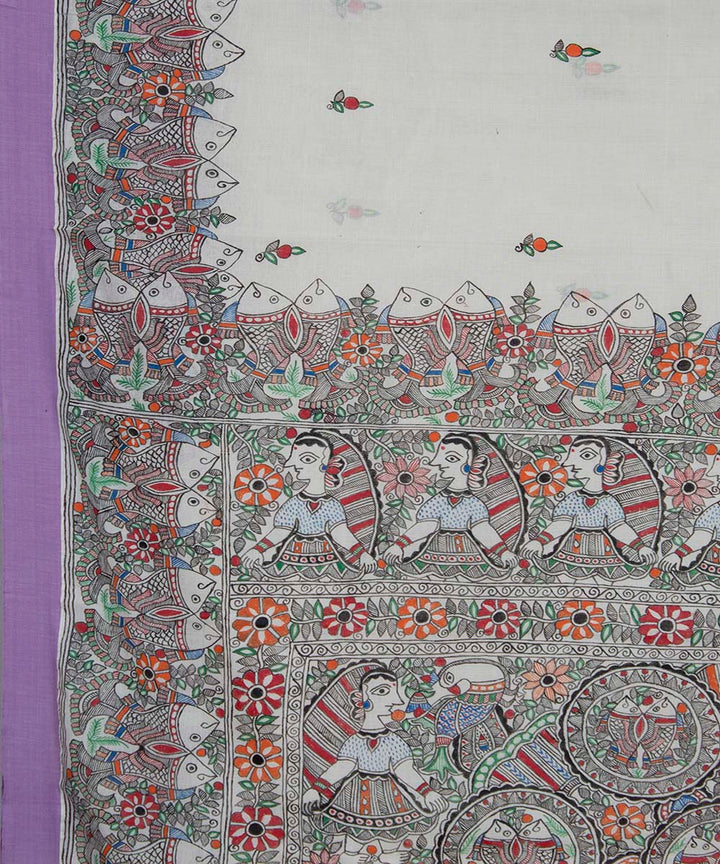 White handwoven madhubani painting cotton saree