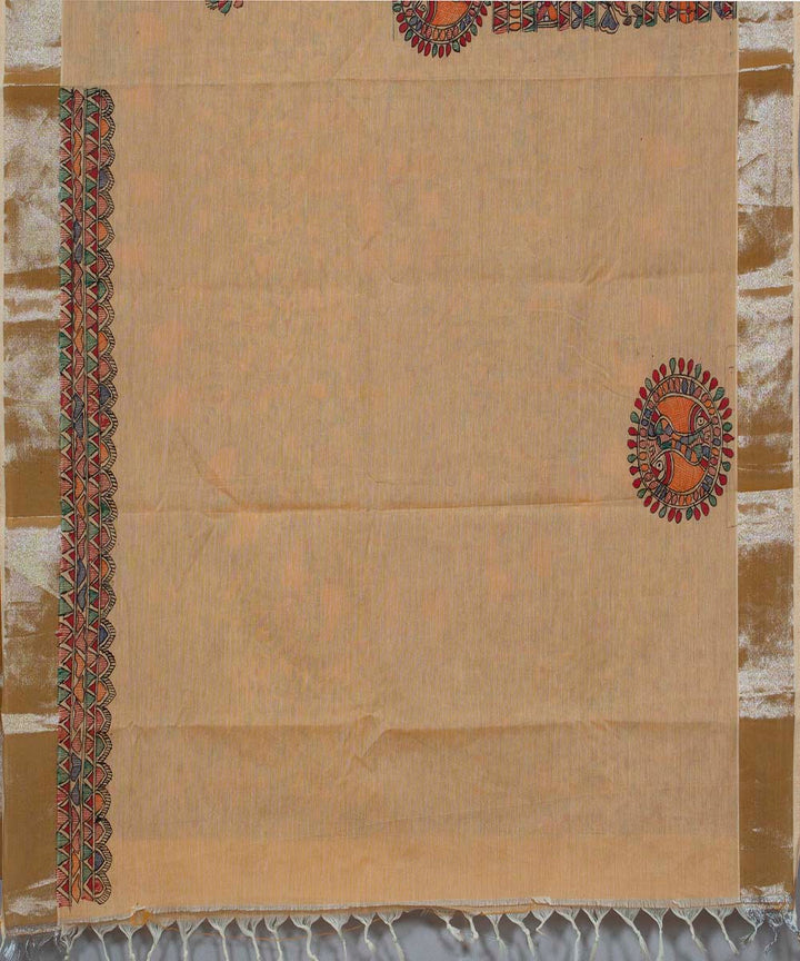 Cream handwoven cotton madhubani painting saree