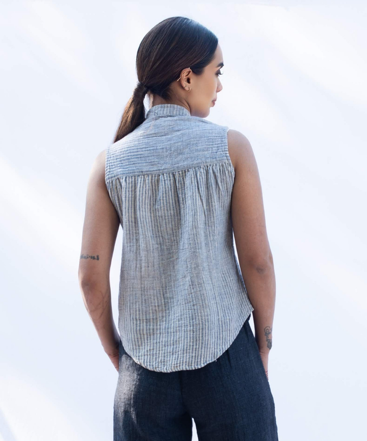 Blue handcrafted sleeveless kala cotton shirt