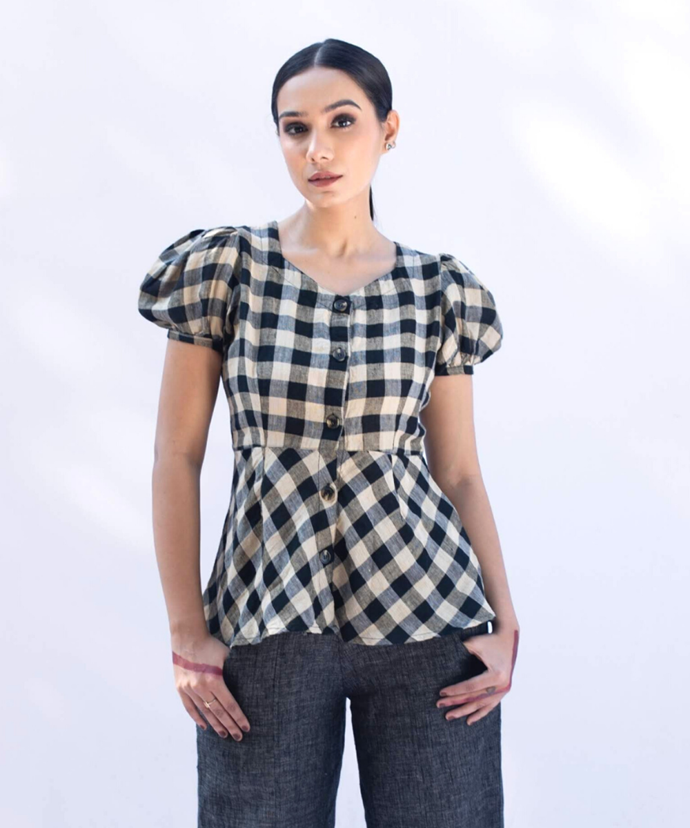 Black white checks handcrafted puffed sleeve linen top
