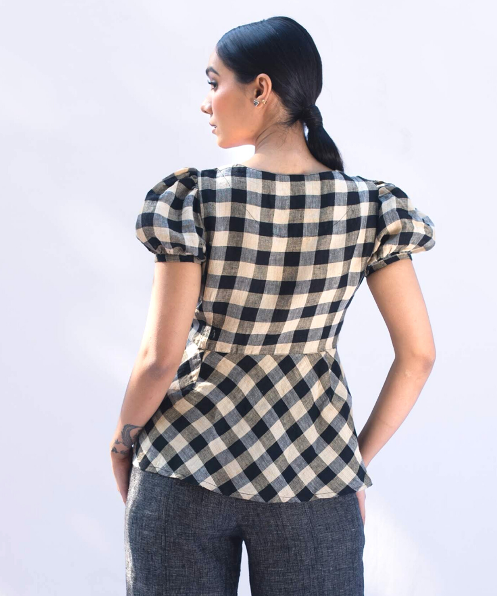 Black white checks handcrafted puffed sleeve linen top