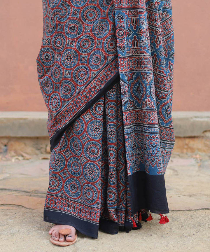 Indigo and red cotton block printed ajrakh saree