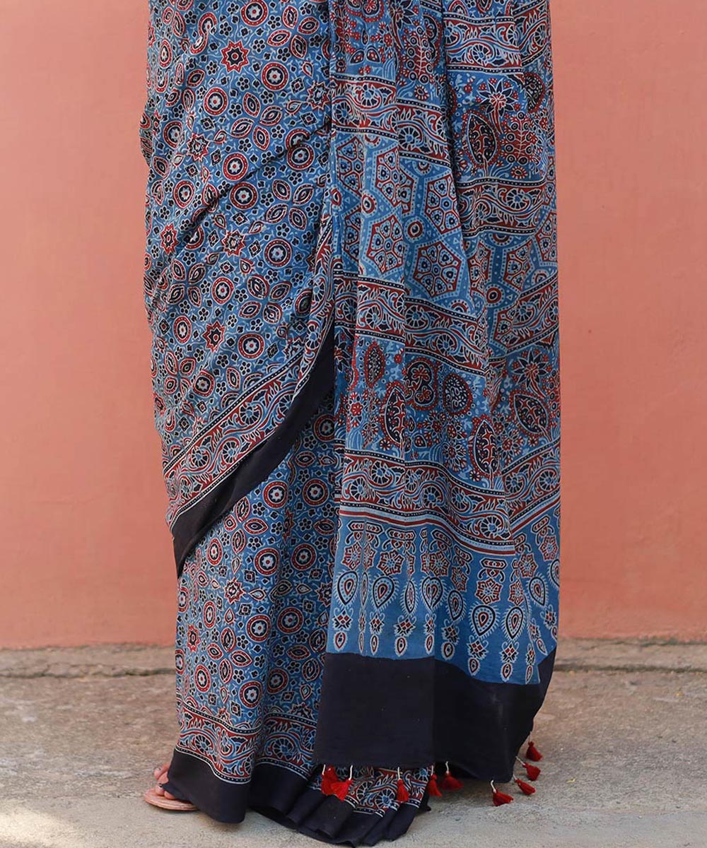 Indigo red cotton block print ajrakh saree