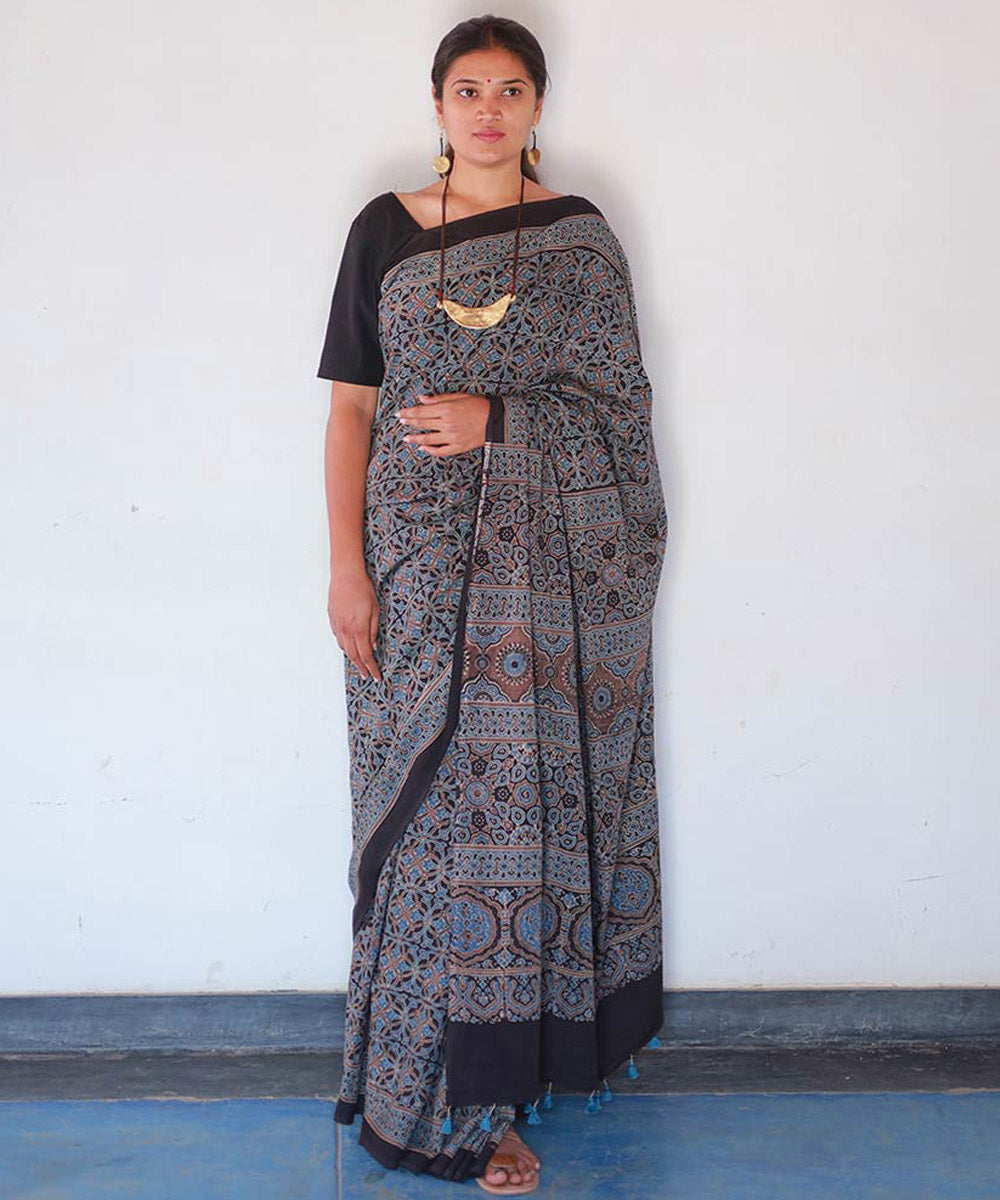 Indigo black cotton block printed ajrakh saree