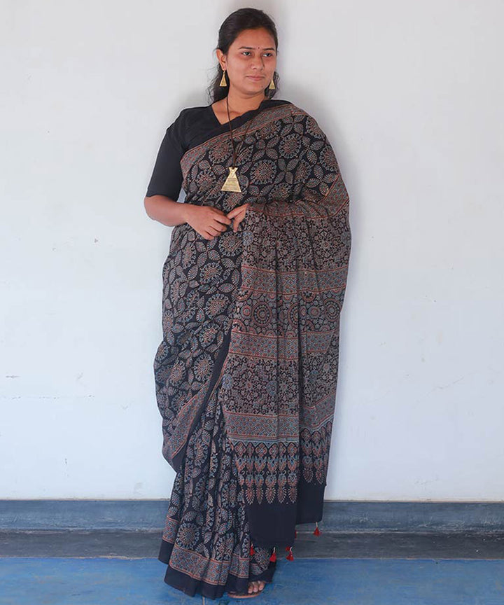 Indigo and black cotton block printed ajrakh saree