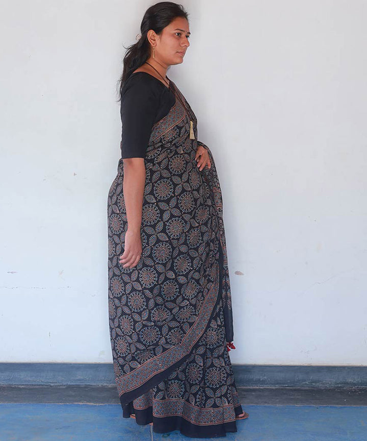 Indigo and black cotton block printed ajrakh saree