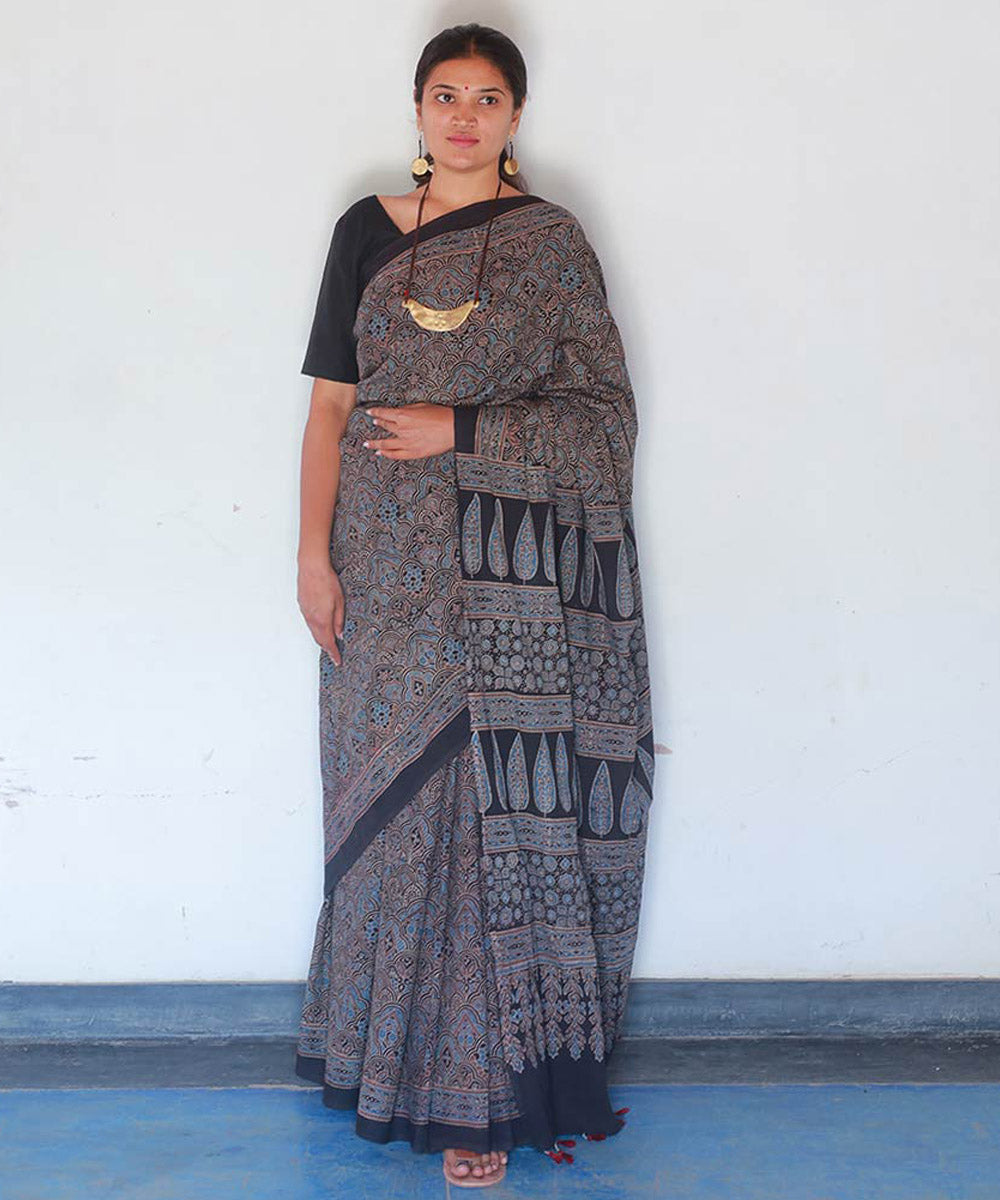 Indigo black cotton handblock printed ajrakh saree