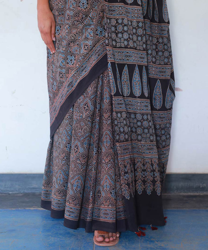 Indigo black cotton handblock printed ajrakh saree