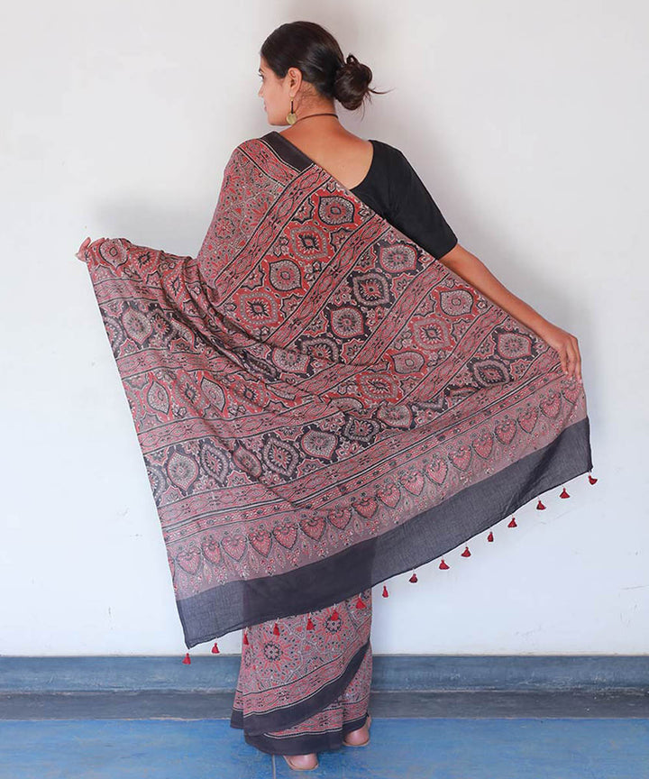Red black cotton block printed ajrakh saree