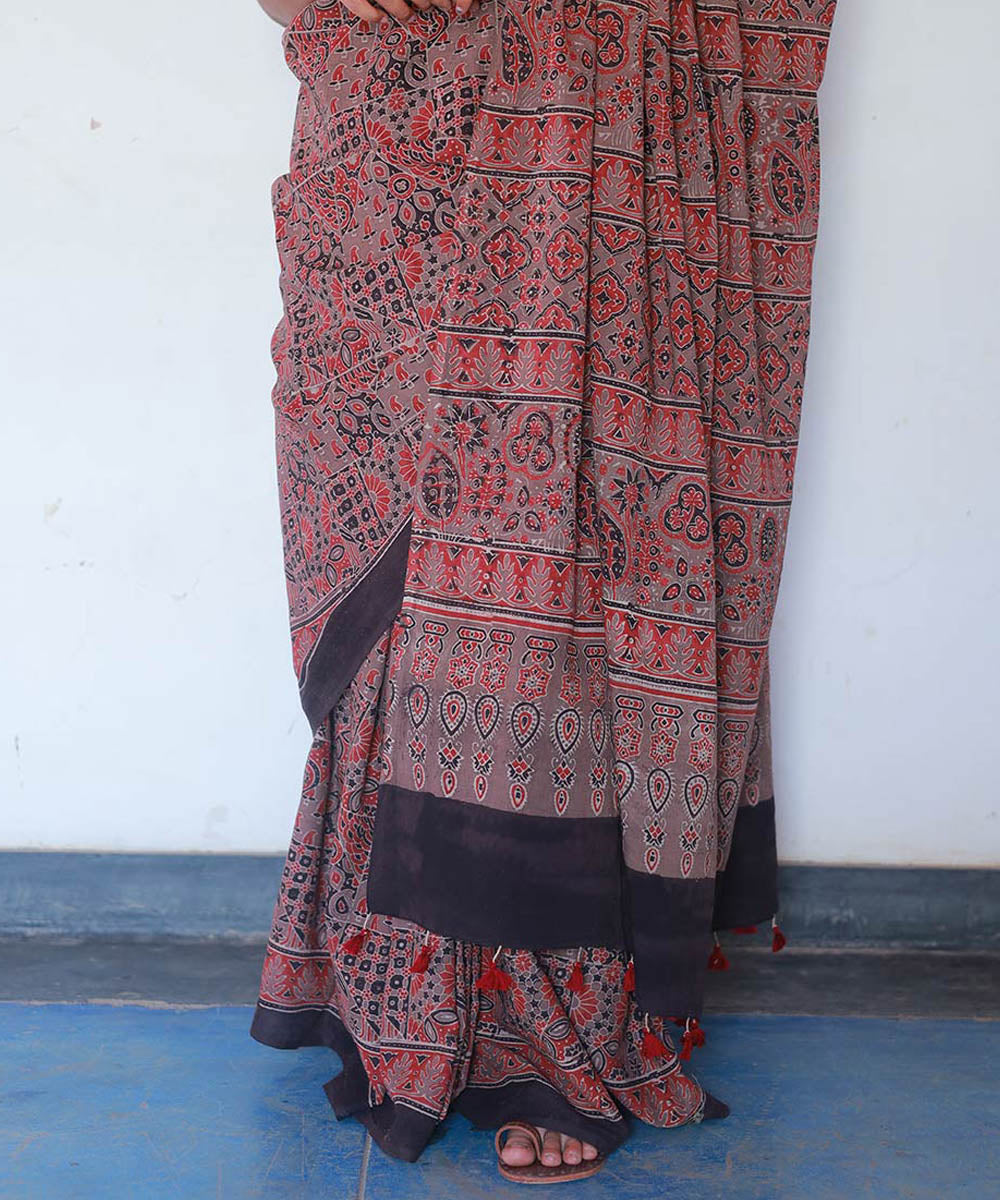 Red black cotton block print ajrakh saree