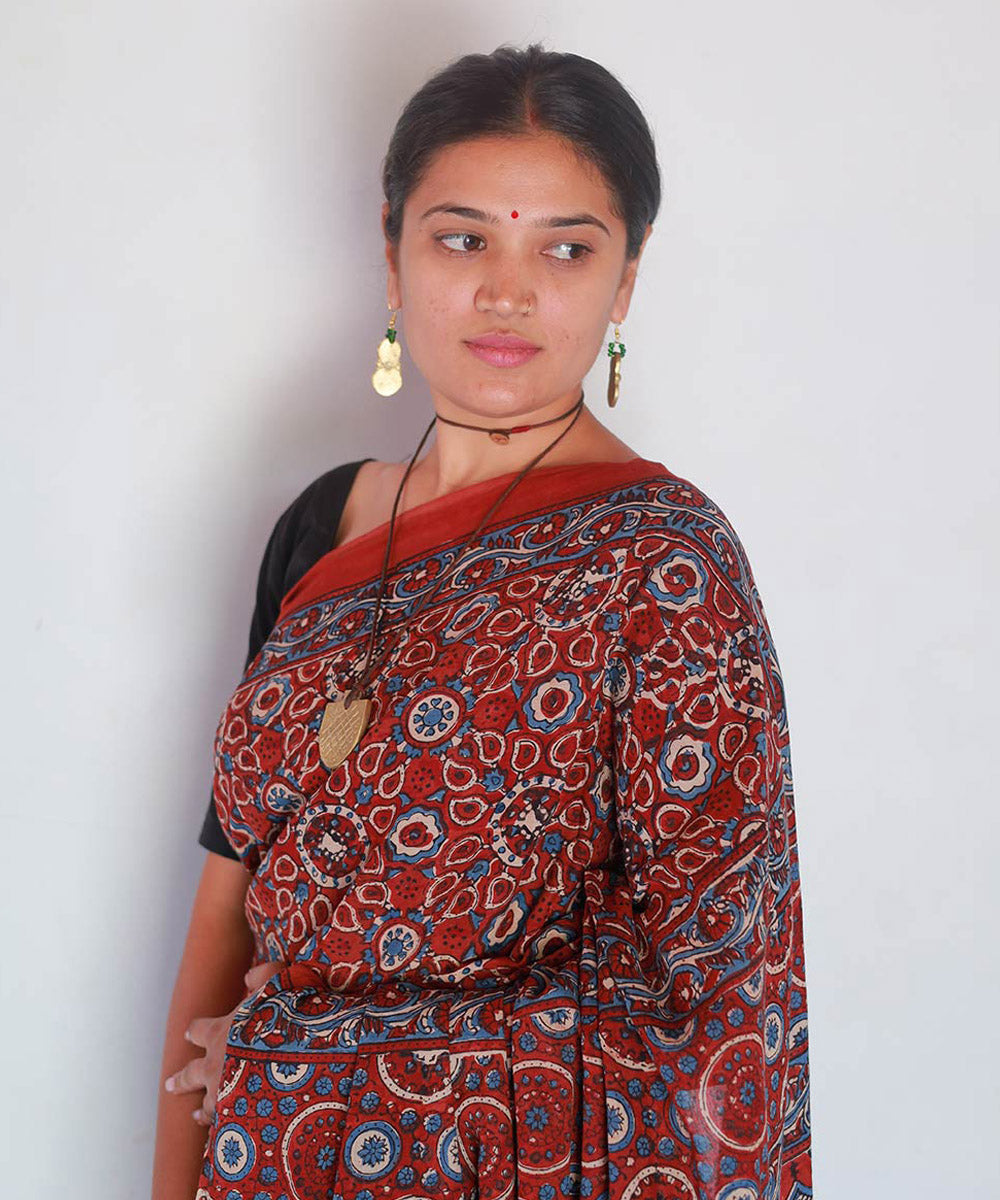 Red and black cotton block print ajrakh saree