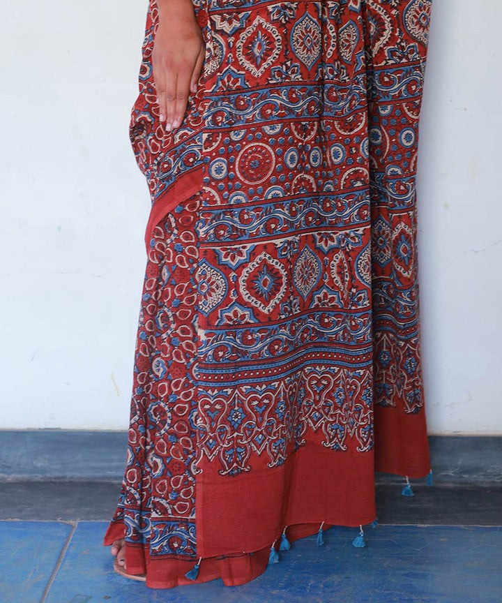 Red and black cotton block print ajrakh saree