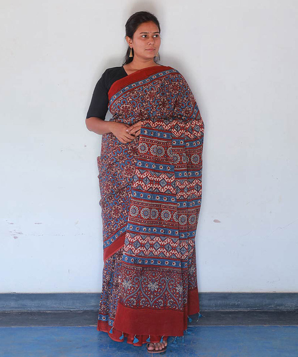 Red indigo cotton block printed ajrakh saree