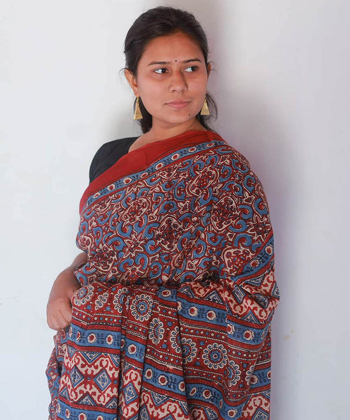 Red indigo cotton block printed ajrakh saree