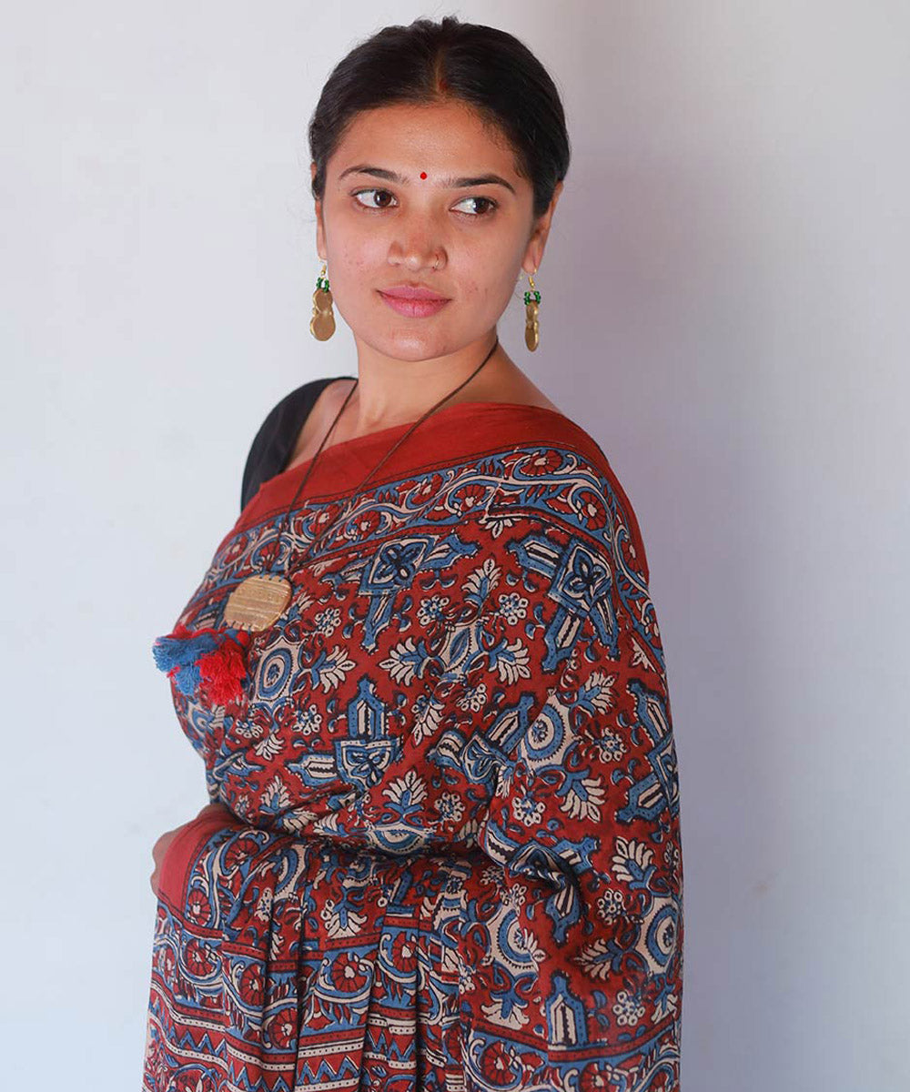 Red and indigo cotton block printed ajrakh saree