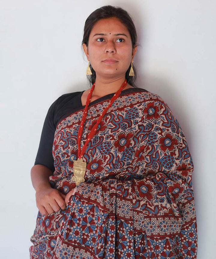 Red and indigo cotton block print ajrakh saree