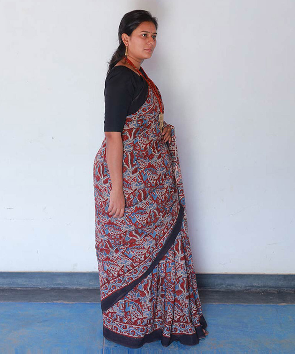 Red and indigo cotton hand block print ajrakh saree