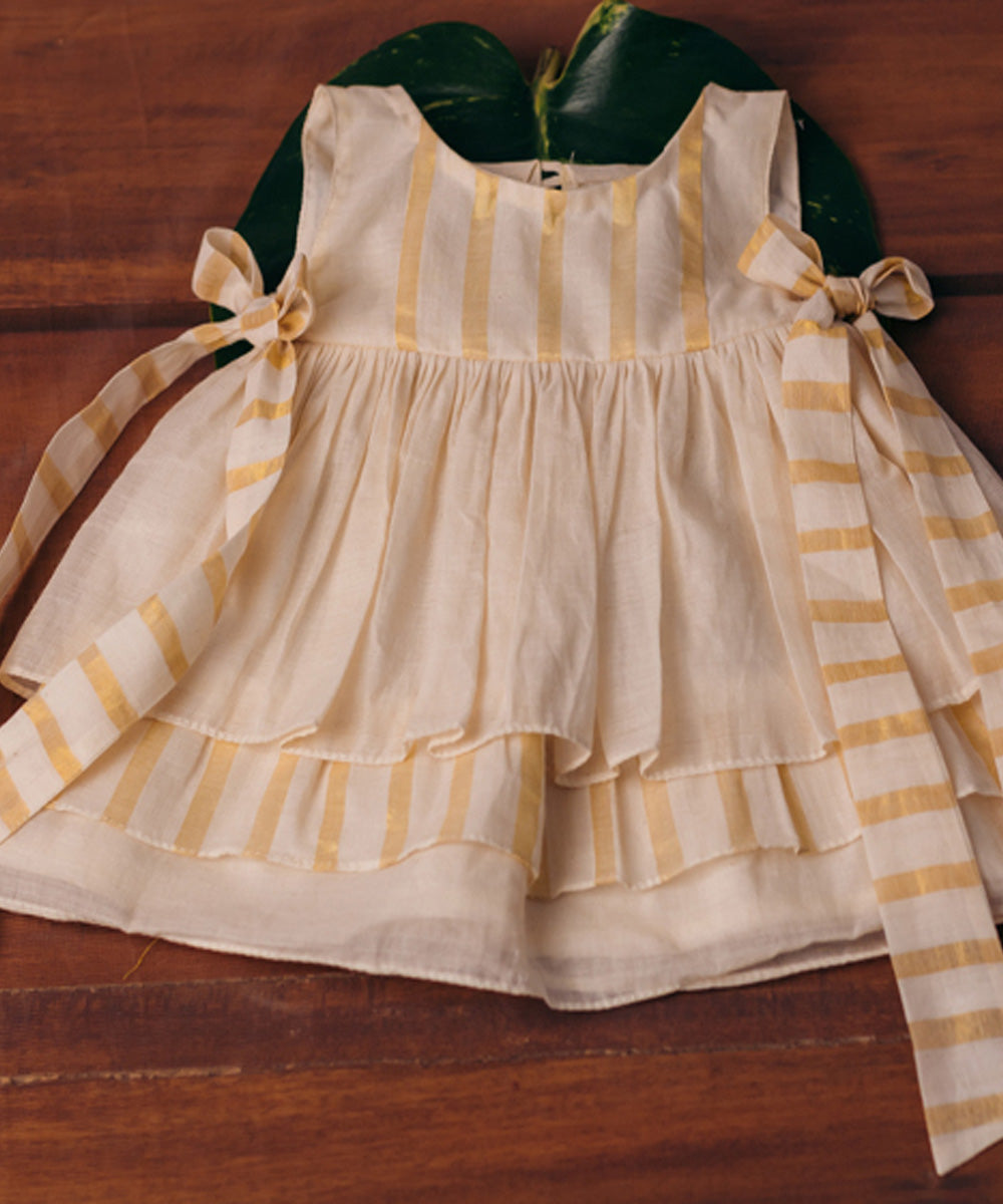Cream handwoven frilled stripe dress set