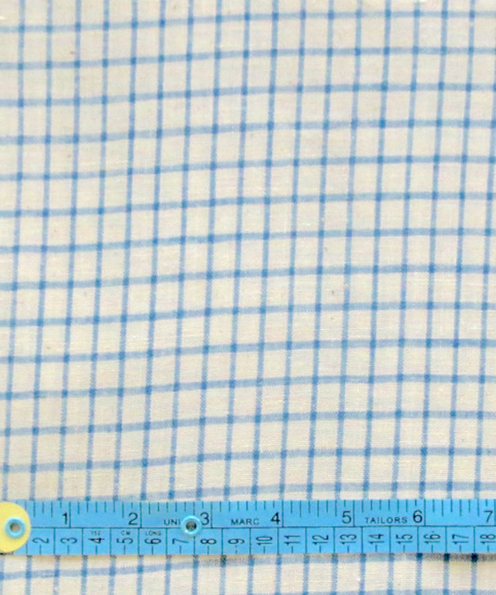 White blue checks handspun handwoven cotton fabric