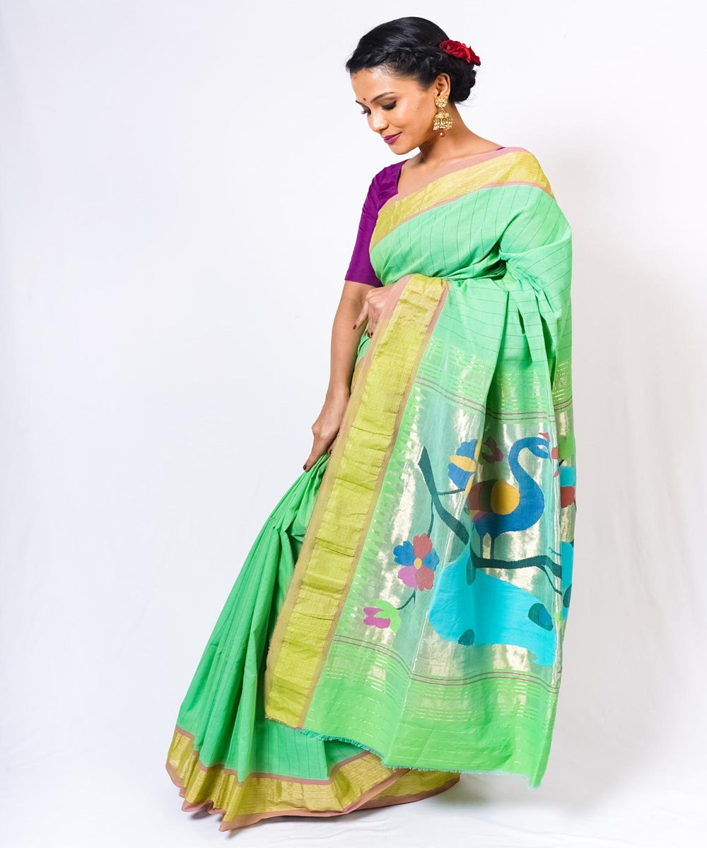 Pista green handwoven paithani cotton saree
