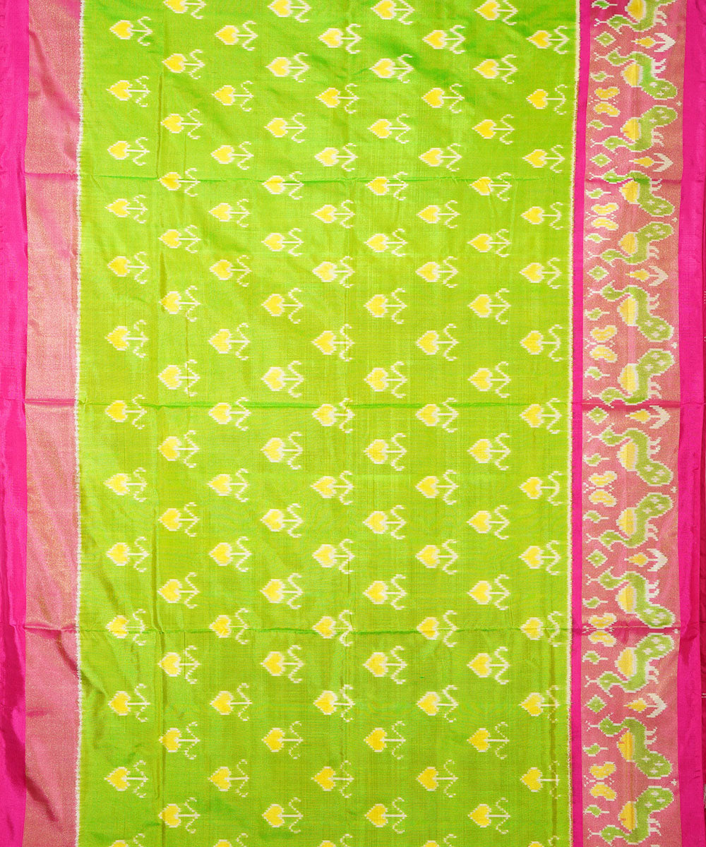 Lime green pink silk handwoven ikat pochampally saree