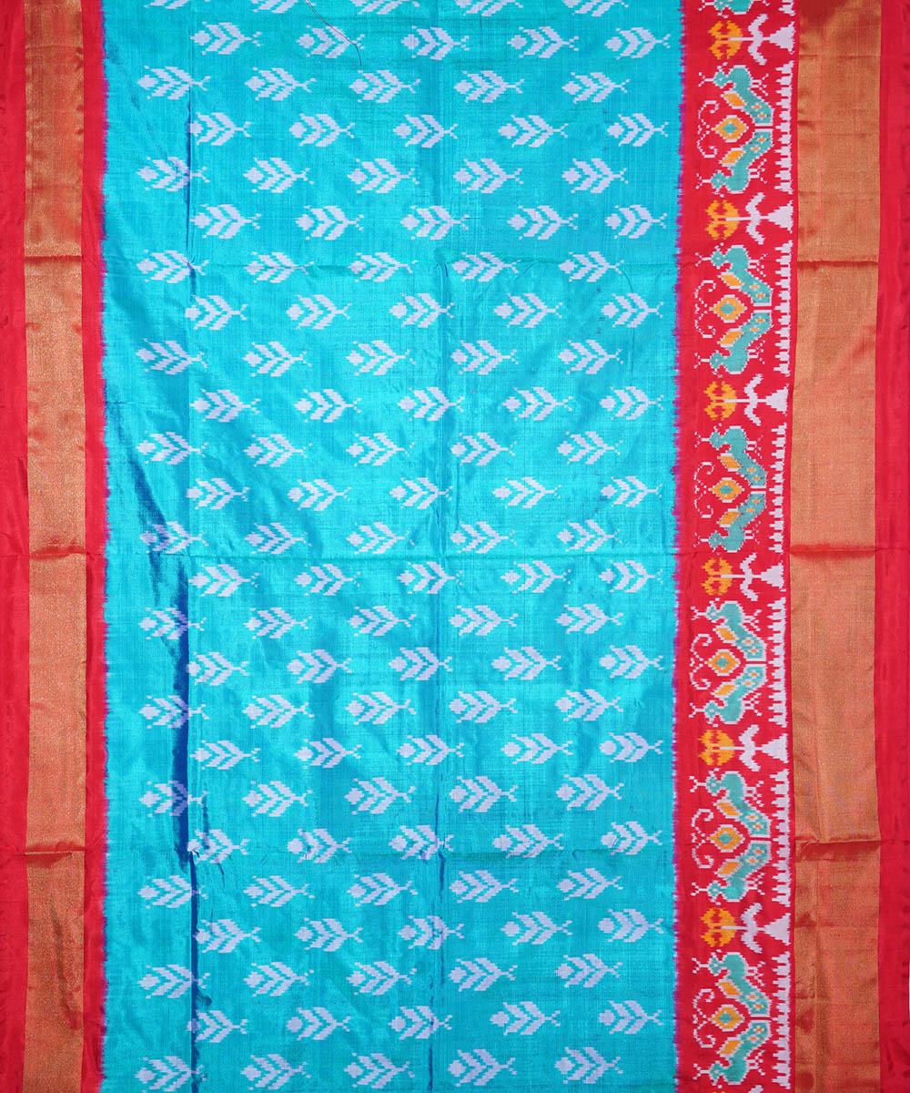 Cyan blue red silk handloom ikat pochampally saree