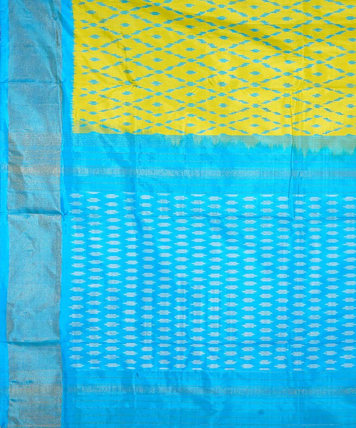 Yellow lime yellow and sky blue silk handwoven ikat pochampally saree