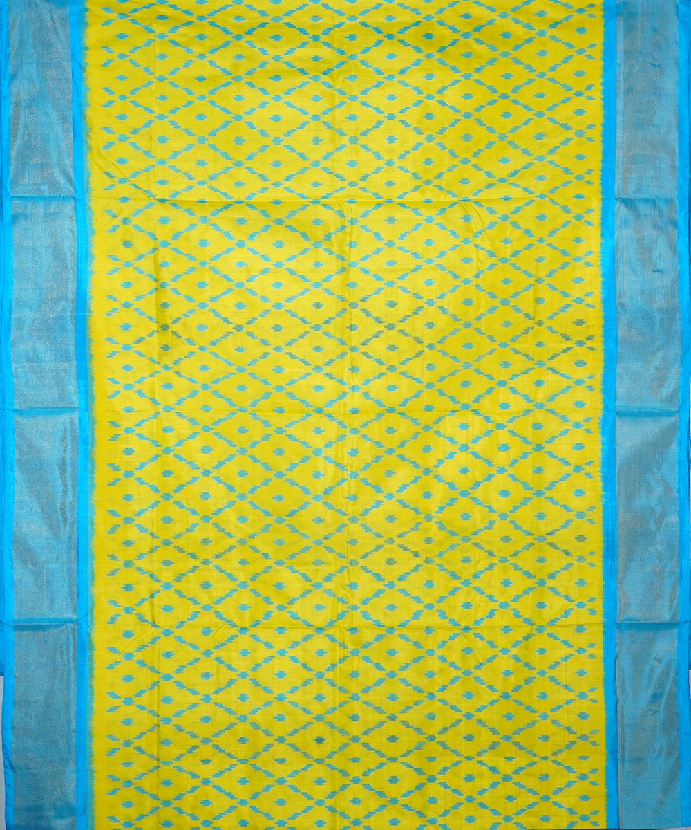 Yellow lime yellow and sky blue silk handwoven ikat pochampally saree