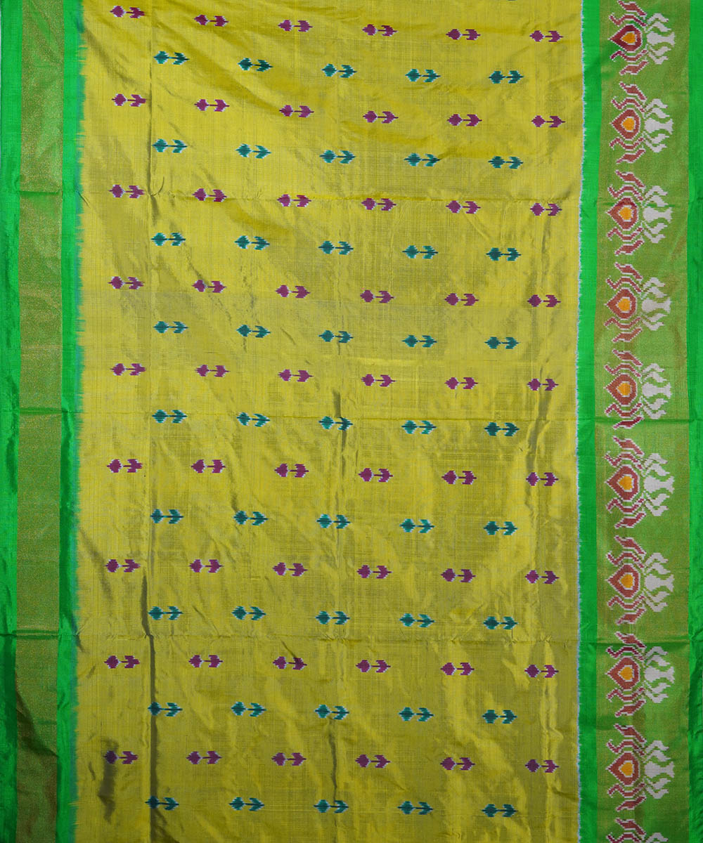 Yellow green silk handwoven ikat pochampally saree