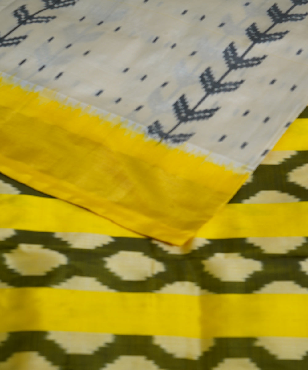 White yellow silk handwoven ikat pochampally saree