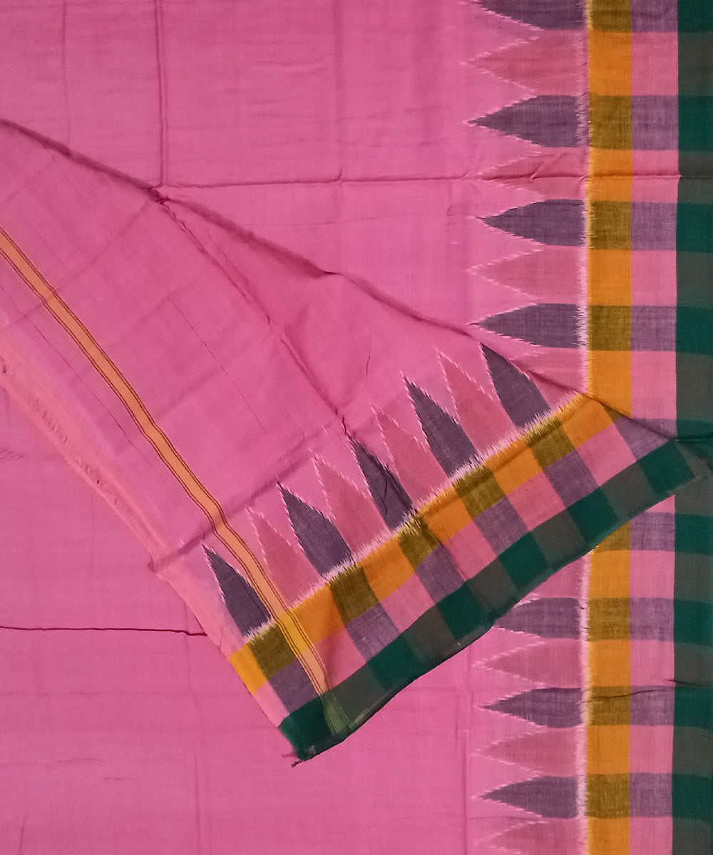 Pink yellow green border handwoven cotton sambalpuri dhoti