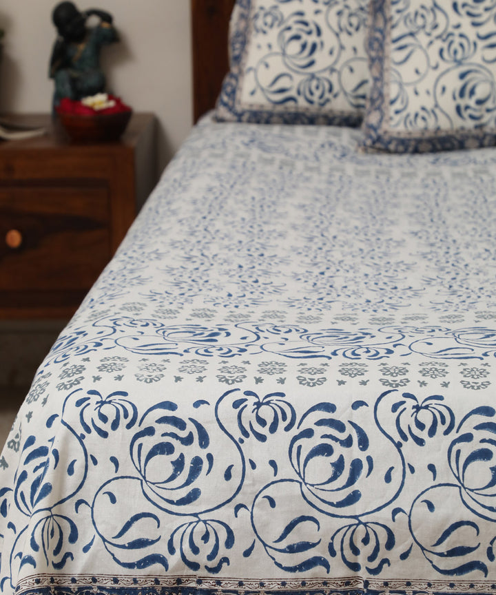 White blue cotton block printed sanganeri double bed bedsheet