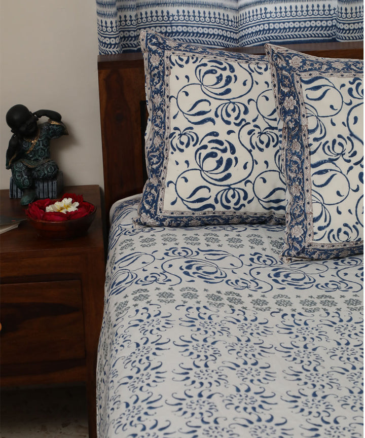 White blue cotton block printed sanganeri double bed bedsheet