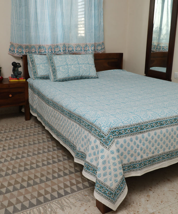 White sky blue block printed cotton double bed bedsheet