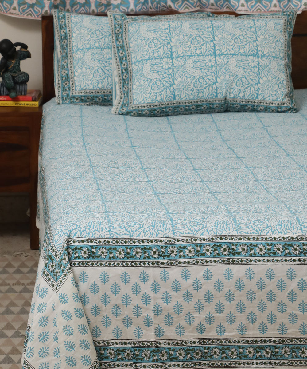 White sky blue block printed cotton double bed bedsheet