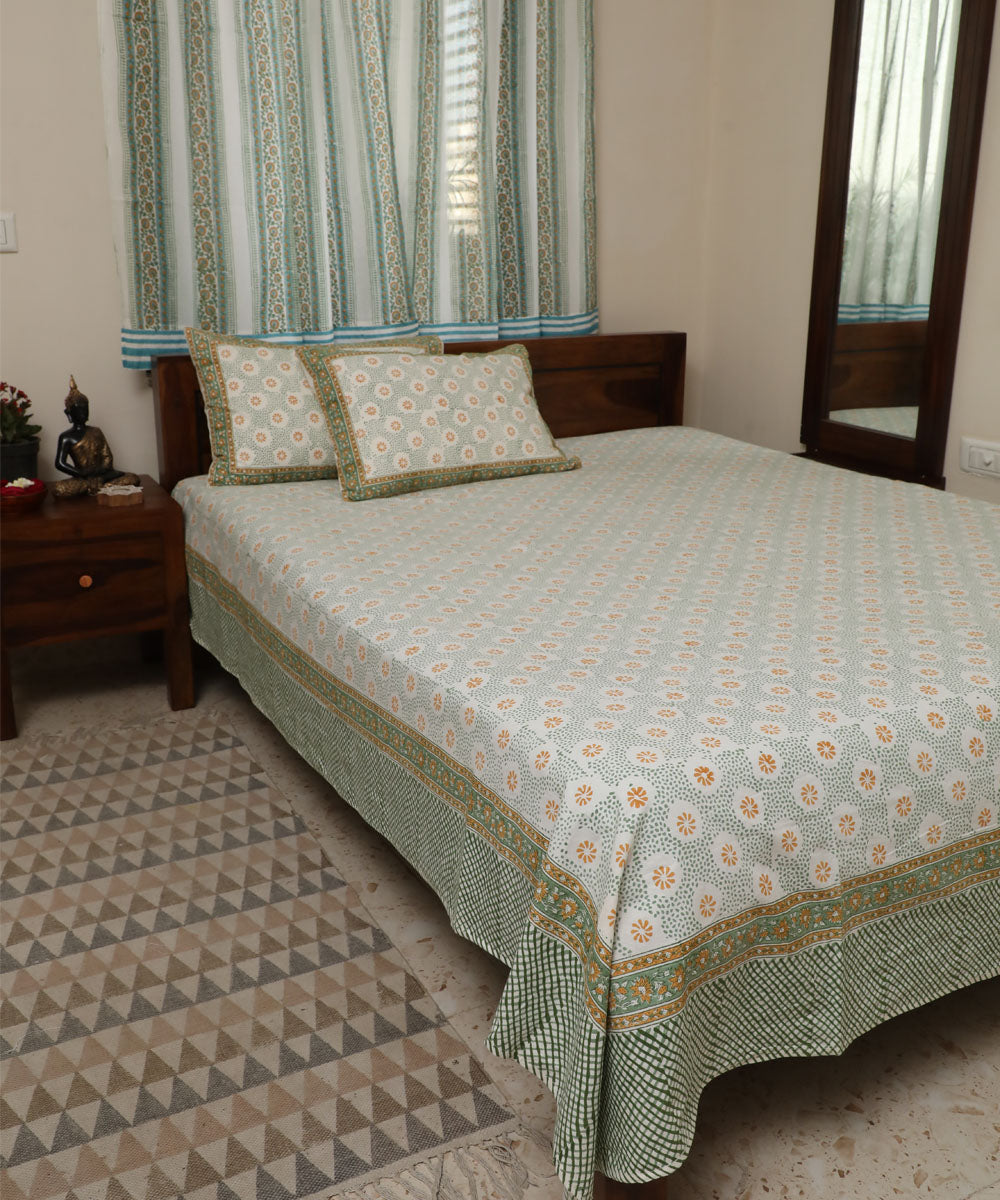 White all over block printed sanganeri cotton double bed bedsheet