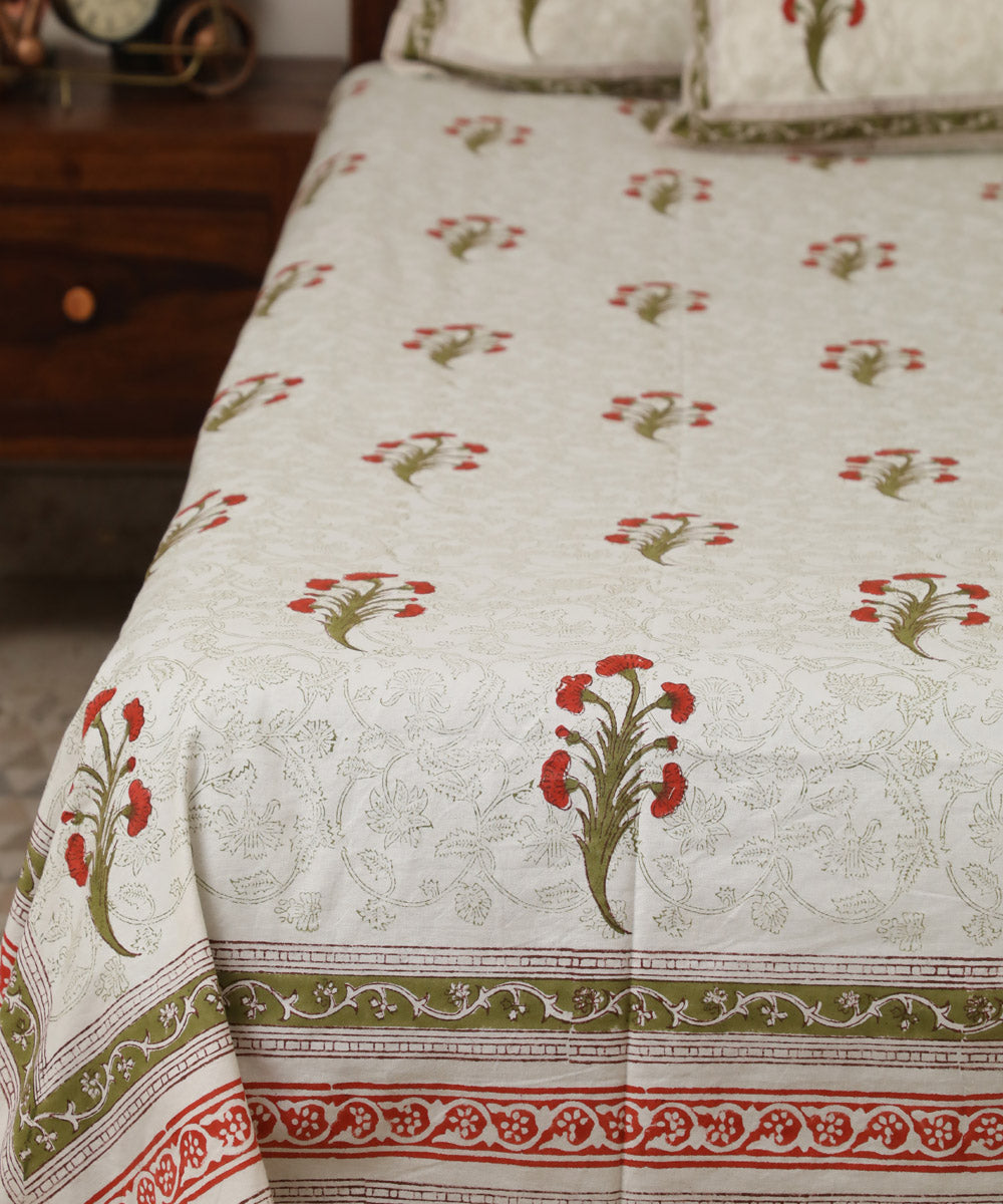 White hand block printed sanganeri cotton floral double bed bedsheet