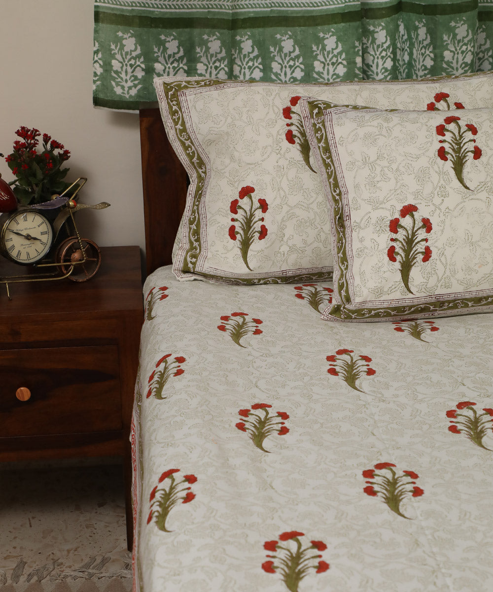 White hand block printed sanganeri cotton floral double bed bedsheet
